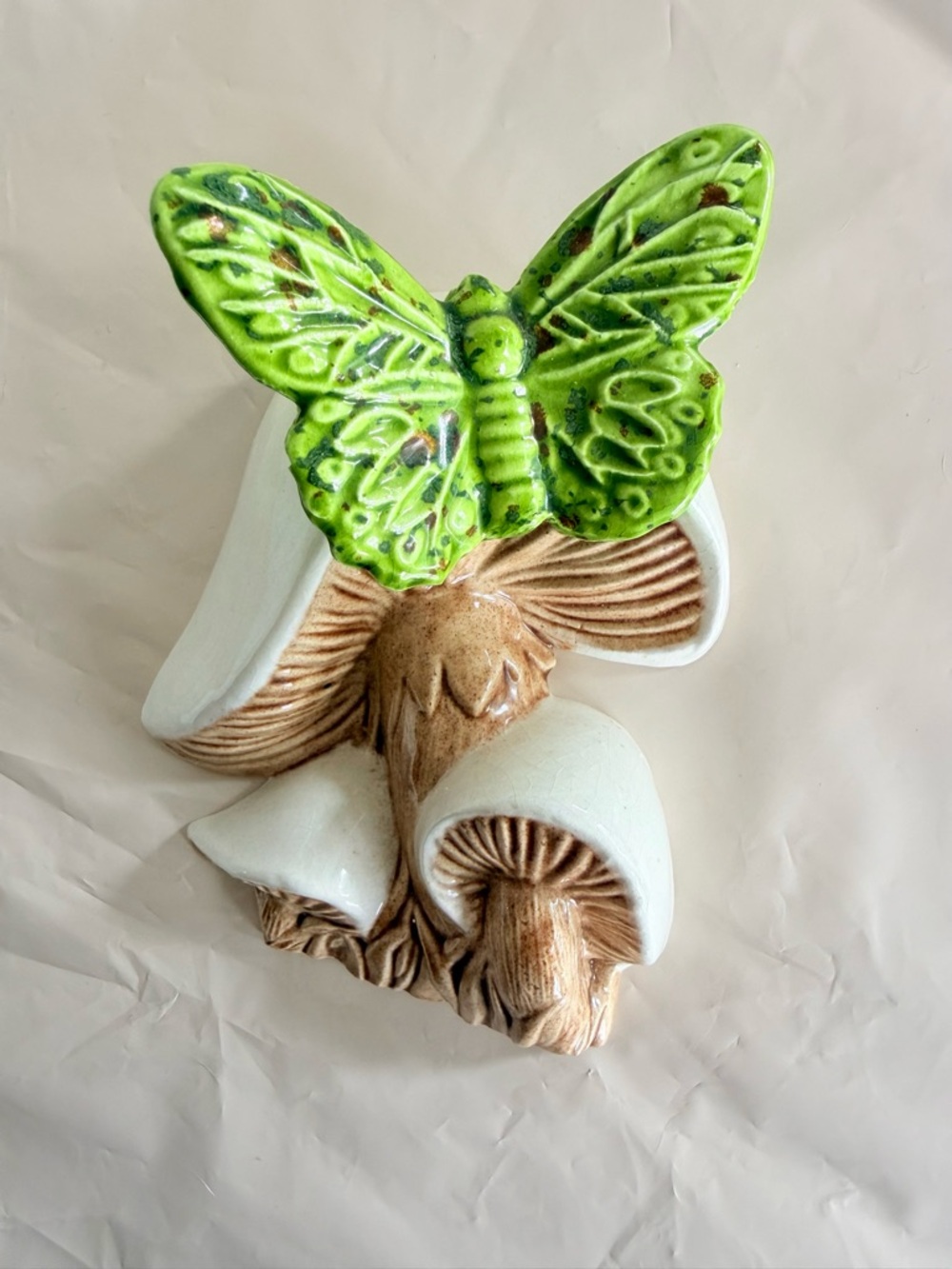 Vintage 1970s Ceramic Mushroom Butterfly Wall Hanging Rare Cottagecore